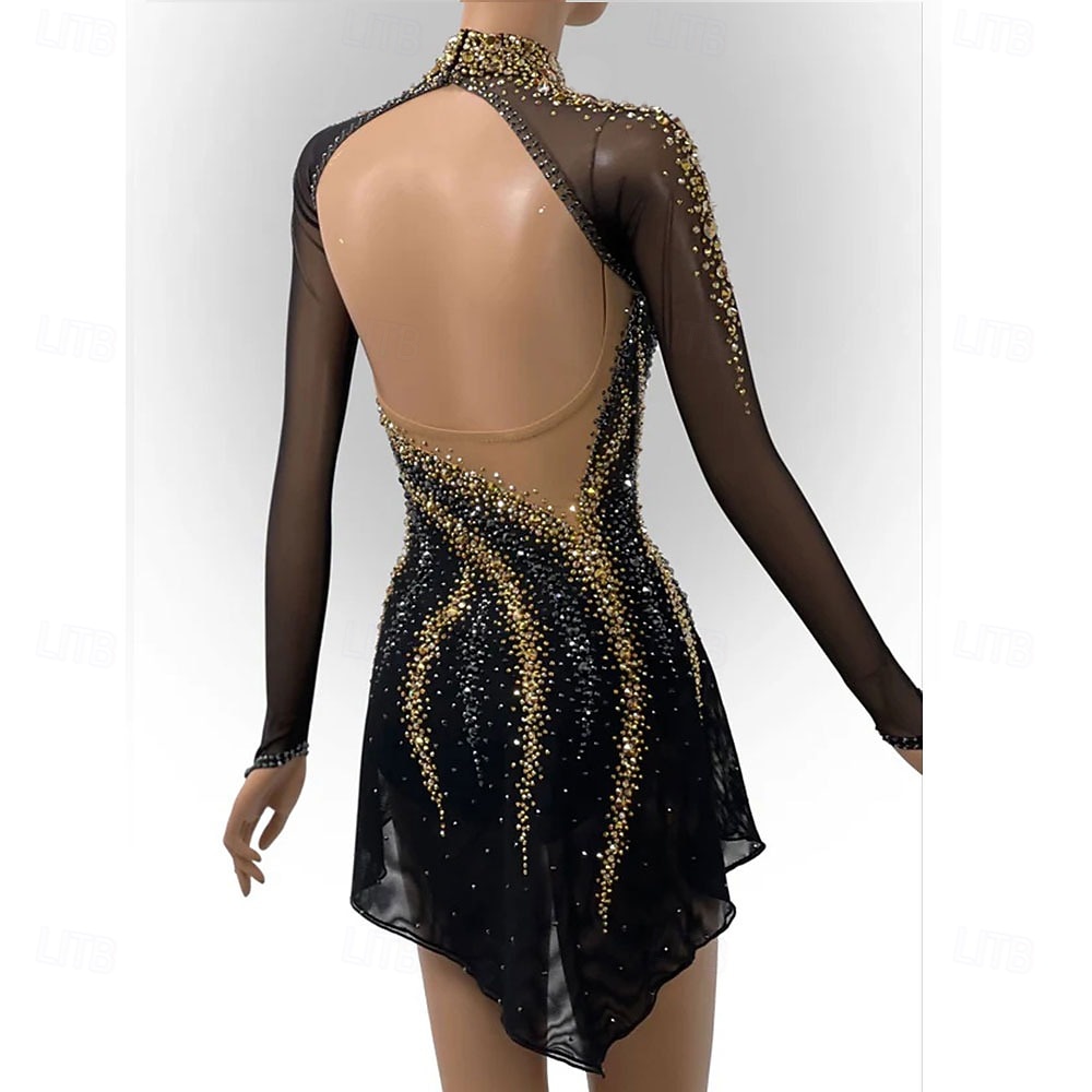 فستان تزلج فني للنساء والفتيات، فستان تزلج على الجليد أسود مرقع، حاشية غير متماثلة، مرونة عالية، ملابس تدريب ومنافسة تزلج كلاسيكية، كريستال/أحجار الراين، أكمام طويلة، شكل تزلج على الجليد 2026 - $257.79 –P2