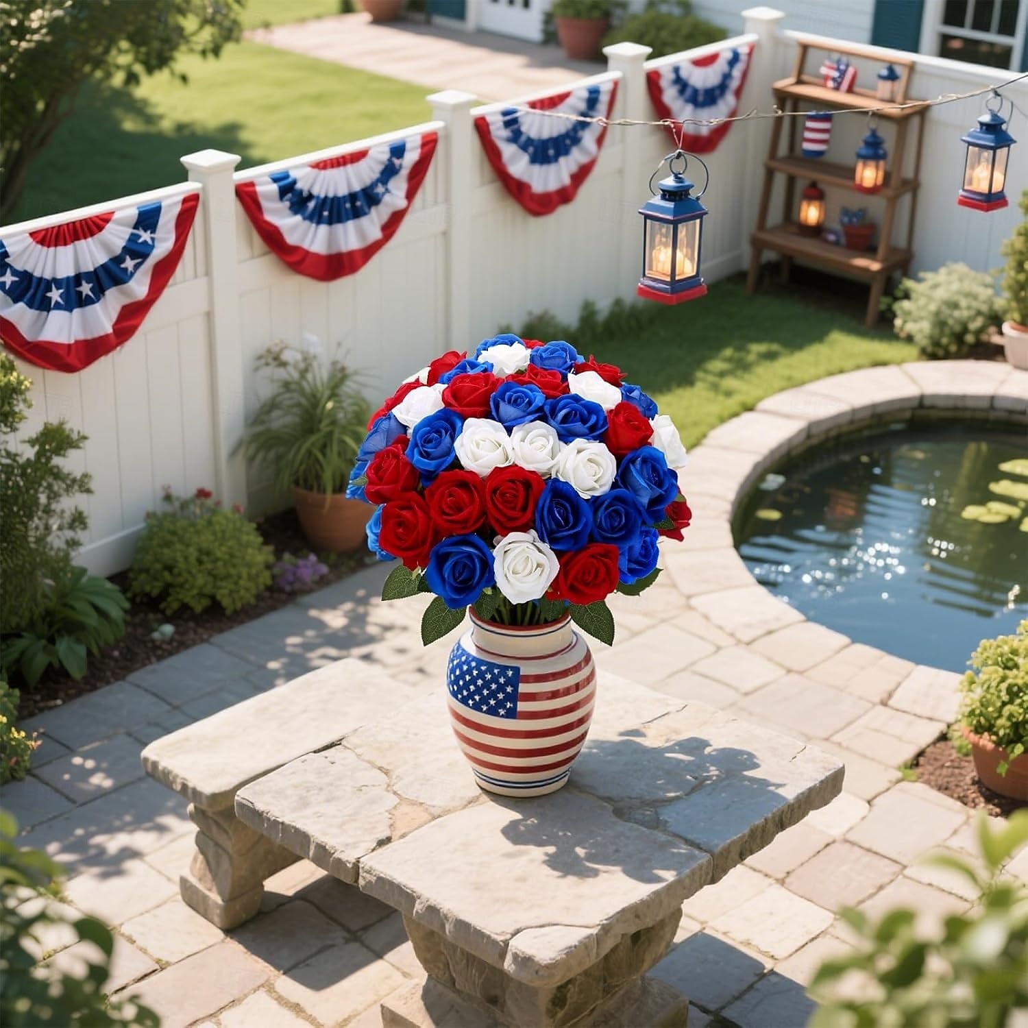 24 Artificial Roses For July 4th Decoration, Red, White, And Blue Patriotic Floral Arrangement, Realistic Velvet Silk Roses, Sold In Bulk For Memorial Day Centerpieces And Home Decor 2026 - $30.99 –P3