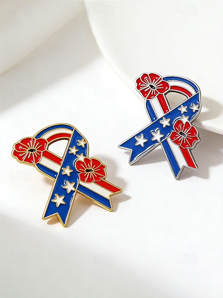 Damesbrocheset met legering lint en bloemmotief, gouden en zilveren patriottische reversspelden voor de viering van 250 jaar Amerika, Onafhankelijkheidsdag, feestelijke avondkleding en feestelijke 2026 - $7.99 –P5