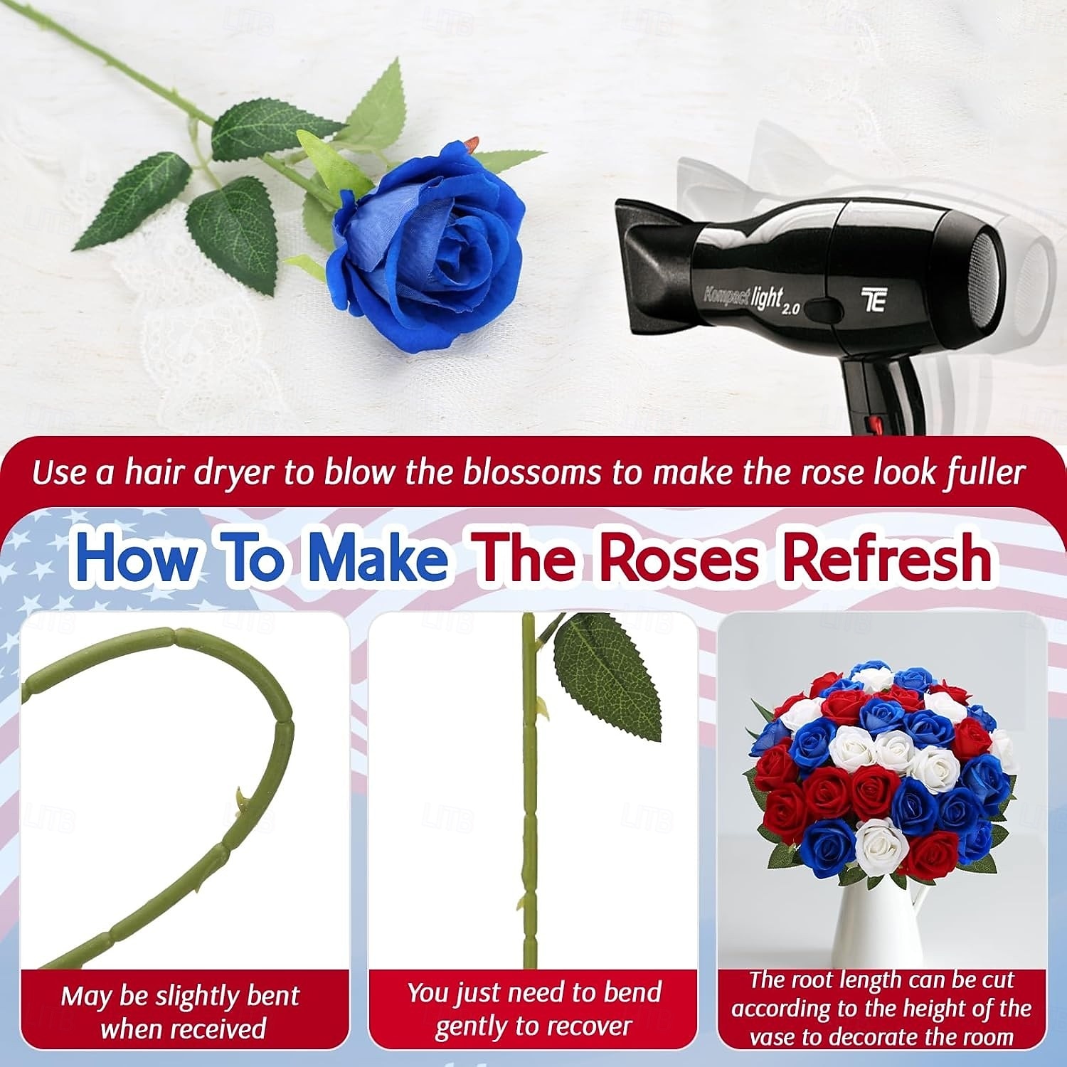 24 Artificial Roses For July 4th Decoration, Red, White, And Blue Patriotic Floral Arrangement, Realistic Velvet Silk Roses, Sold In Bulk For Memorial Day Centerpieces And Home Decor 2026 - $30.99 –P4