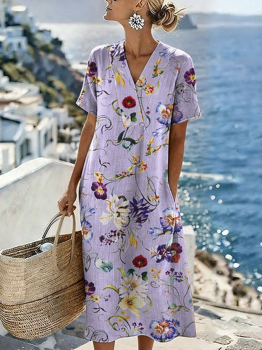 Per donna Abito Midi Abito a Tubino Vestito Estivo Vacanza Casual Spiaggia Vestibilità regolare Floreale Grafico Manica Corta Scollo a V Blu Bianco Rosa Viola Estate Primavera del 2026 a $39.99 –P1