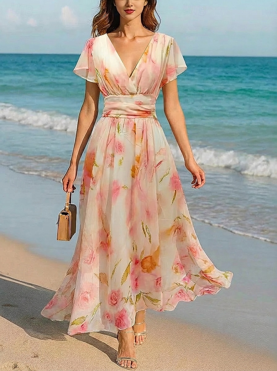 Mujer Vestido maxi Vestido de raso Vestido de flores Vestido Estampado Elegante Moda Moderno Diario Exterior Vacaciones Ajuste regular Floral Manga Corta Escote en Pico Rosa Verano Primavera 2026 - $43.99 –P1