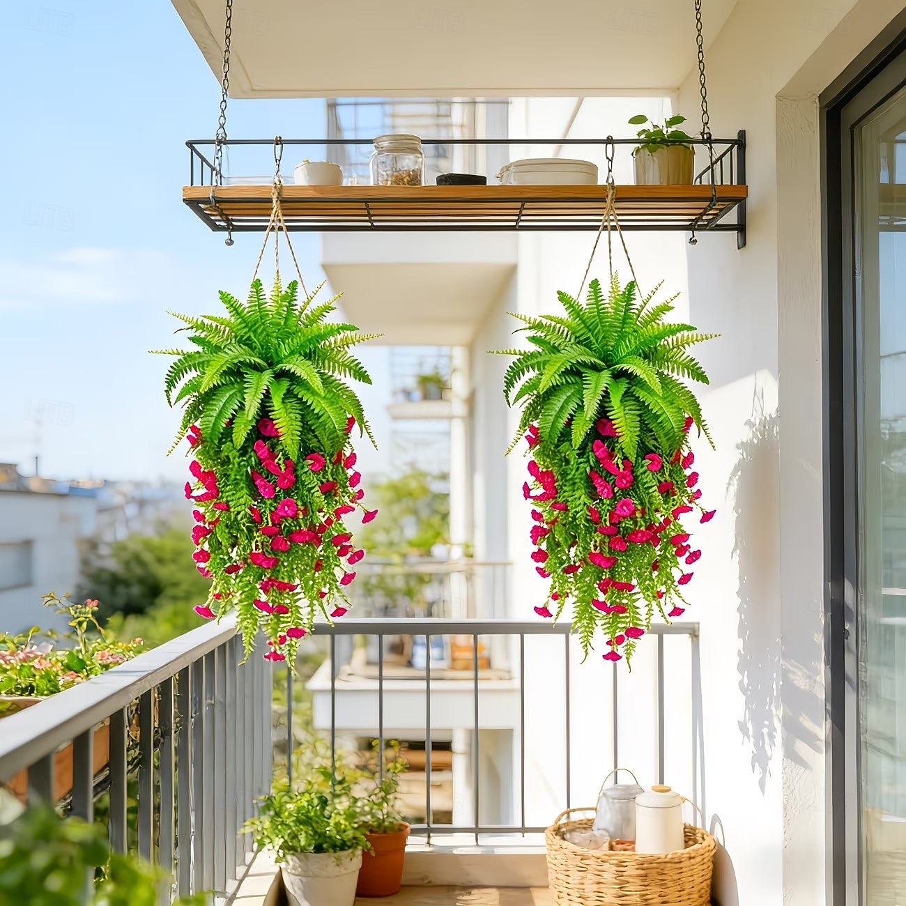 Juego de 3 helechos artificiales verdes con borlas rojas, plantas colgantes para armar tú mismo, ramos de helechos colgantes biónicos realistas, ideales para la decoración del hogar, el porche y el 2026 - $19.99 –P5