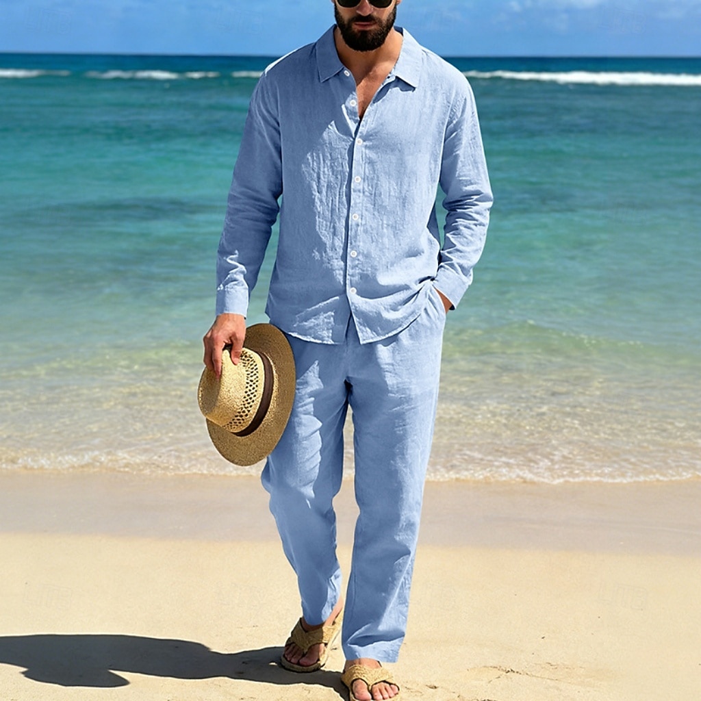 Homme Chemise en lin Deux pièces Ensemble Chemise Et Pantalons en Lin Pantalons Pantalon décontracté Set Uni Quotidien Extérieur Plage Col Rabattu manche longue Été Printemps Mode Occasionnel de 2026 ? $41.99 –P13