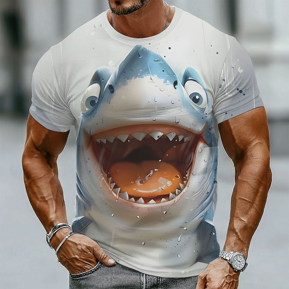 Camiseta masculina com estampa de tubarão bravo de desenho animado, sorrindo, engraçada, peculiar, predador do oceano, gola redonda, manga curta, azul claro, modelagem regular, casual, verão, praia, de 2026 por $19.99 –P2