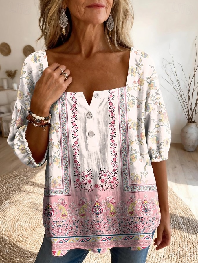 Γυναικεία Μπλούζα Σουρωτά Κεντητό Στάμπα Φλοράλ Γραφική Λαχούρι Καθημερινά Στυλάτο Βασικό Μισό μανίκι Τετράγωνη Λαιμόκοψη Κανονικά μπλουζάκια Καθημερινά 2026 - $29.99 –P5