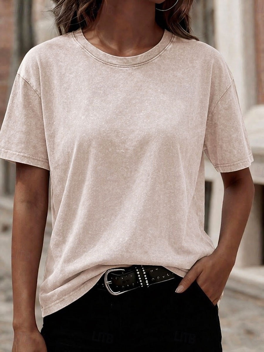 Tricou softfade™ pentru femei, 100% bumbac, spălat, vintage, topuri, modă, stilat, clasic, mânecă scurtă, guler rotund, topuri lungi, casual, zilnic, plajă, roz, roșu, albastru, verde iarbă, negru, portocaliu, vară, primăvară 2026 - $21.99 –P15