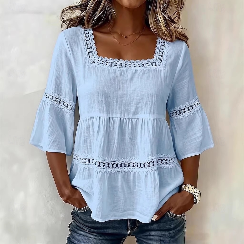 Haut classique en coton et lin pour femme, élégant, à empiècements de dentelle et volants superposés, manches 3/4, col carré, coupe droite, idéal pour un look décontracté au quotidien. Disponible en de 2026 ? $13.99 –P7