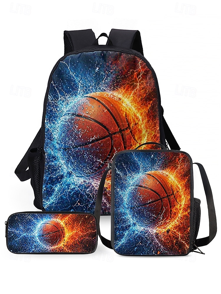 Kid's Basketball Print Backpack Lunch Bag Pencil Case 3-Piece Set, Polyester Large Capacity School Bag with Adjustable Straps for Back to School, Travel, Outdoor Sports 2026 - $34.99 –P3
