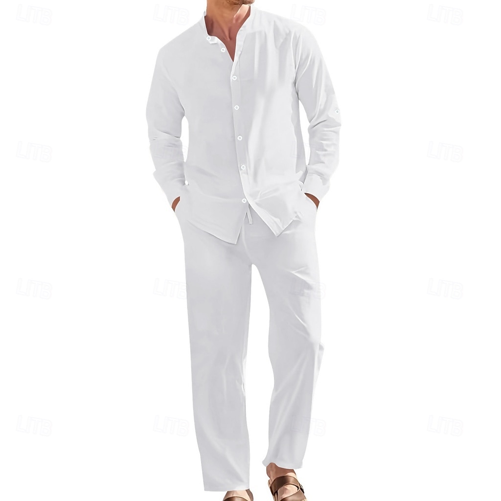 Homme Chemise en lin Deux pièces Ensemble Chemise Et Pantalons en Lin Pantalons Pantalon décontracté Set Uni Quotidien Extérieur Vacances Col grand-père manche longue Été Printemps Mode Occasionnel de 2026 ? $41.99 –P11
