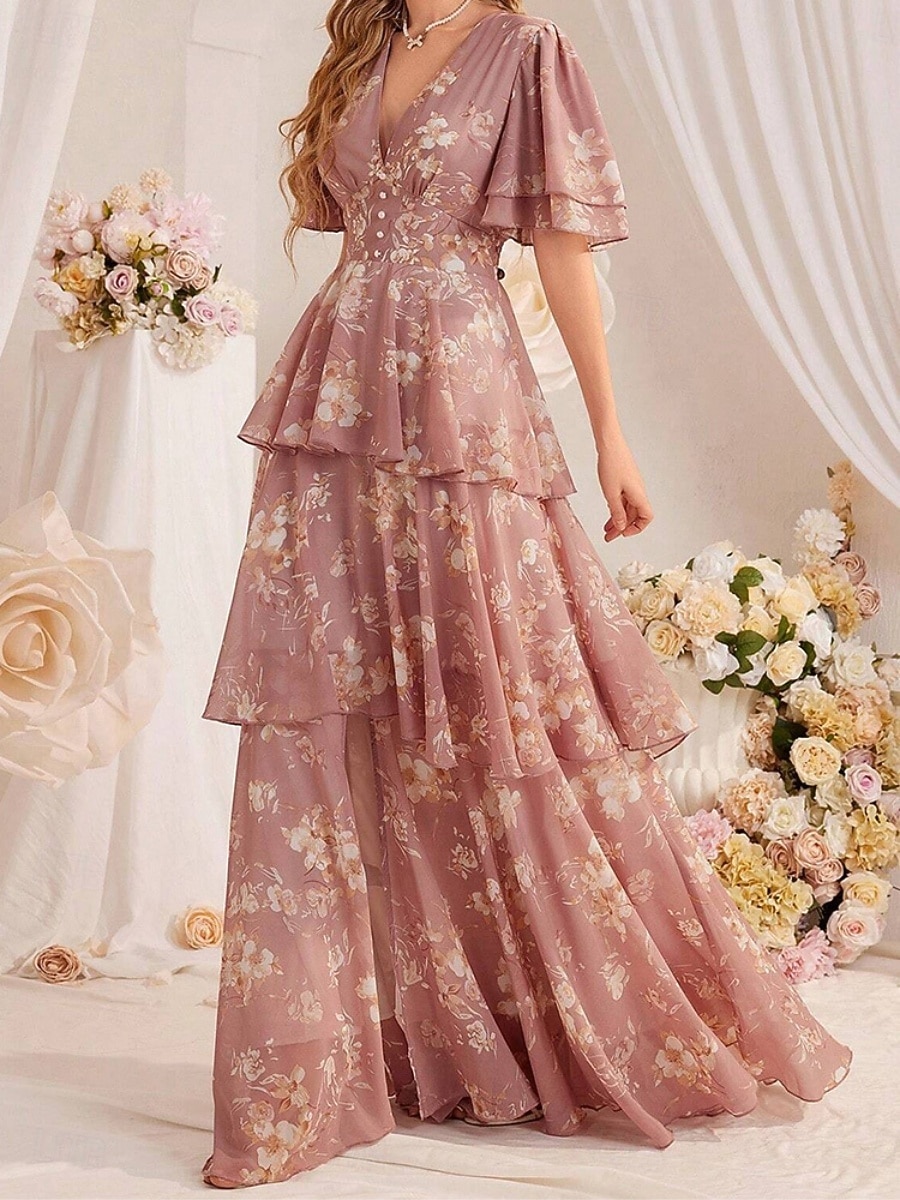 Mulheres Vestido Longo Vestido de chiffon Vestido casual Vestido floral Elegante Moda Moderno Ao ar livre Férias Para Noite Normal Floral Manga Curta Decote V Preto Rosa Verão Primavera de 2026 por $47.99 –P1
