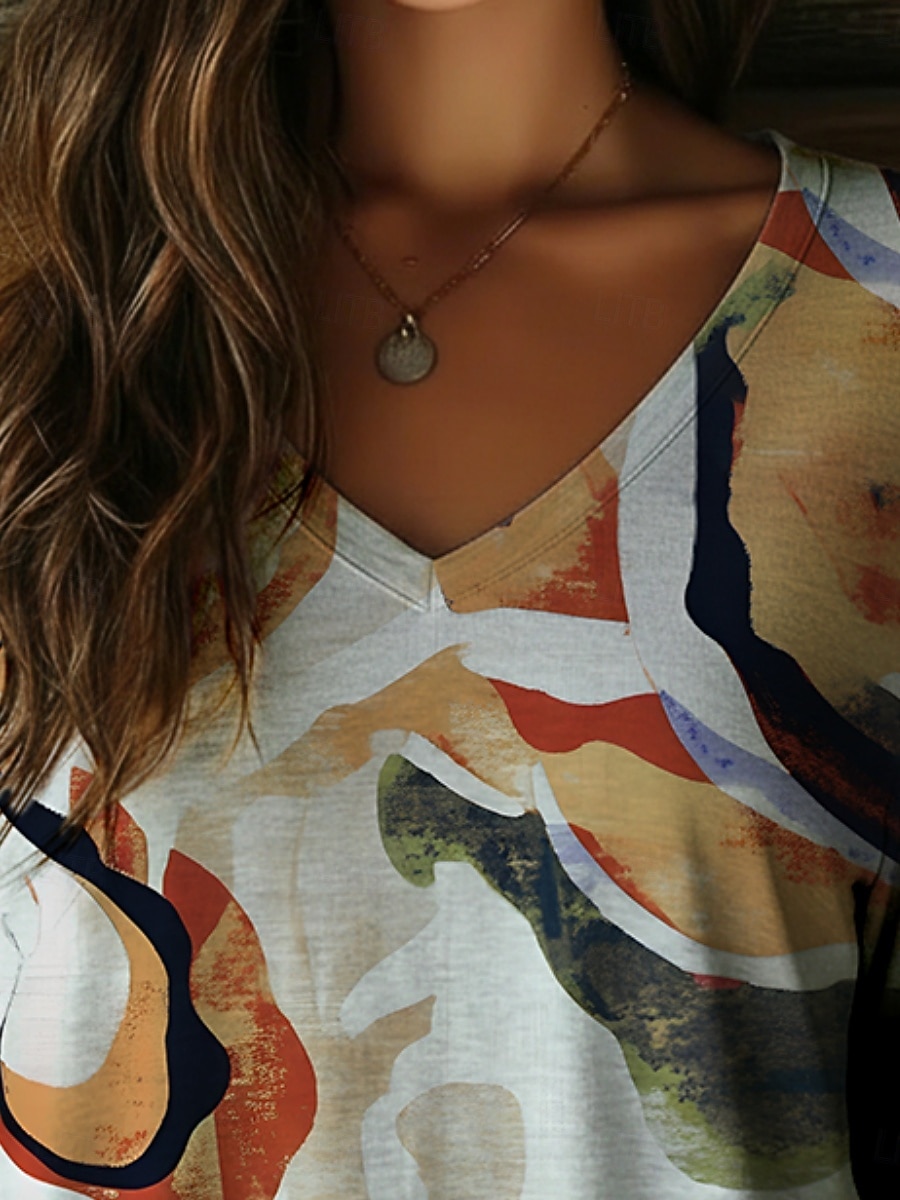 Per donna Maglietta Stampato Grafico Blocco di colori Elegante Casual Manica Lunga Scollo a V Top Regolari Quotidiano Cachi Primavera Autunno del 2026 a $16.49 –P2
