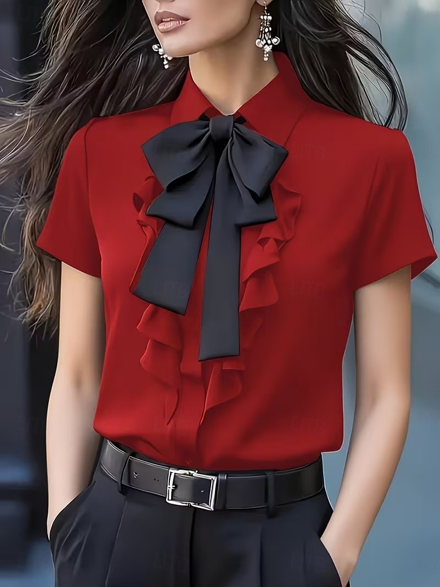 Per donna Camicia Blusa Camicia con volant Volant Fiocco Tinta unica Elegante Essenziale Classico Manica Corta Colletto a Camicia Top Regolari Quotidiano Ferie Uscire Nero Bianco Giallo Rosso Estate del 2026 a $28.99 –P7