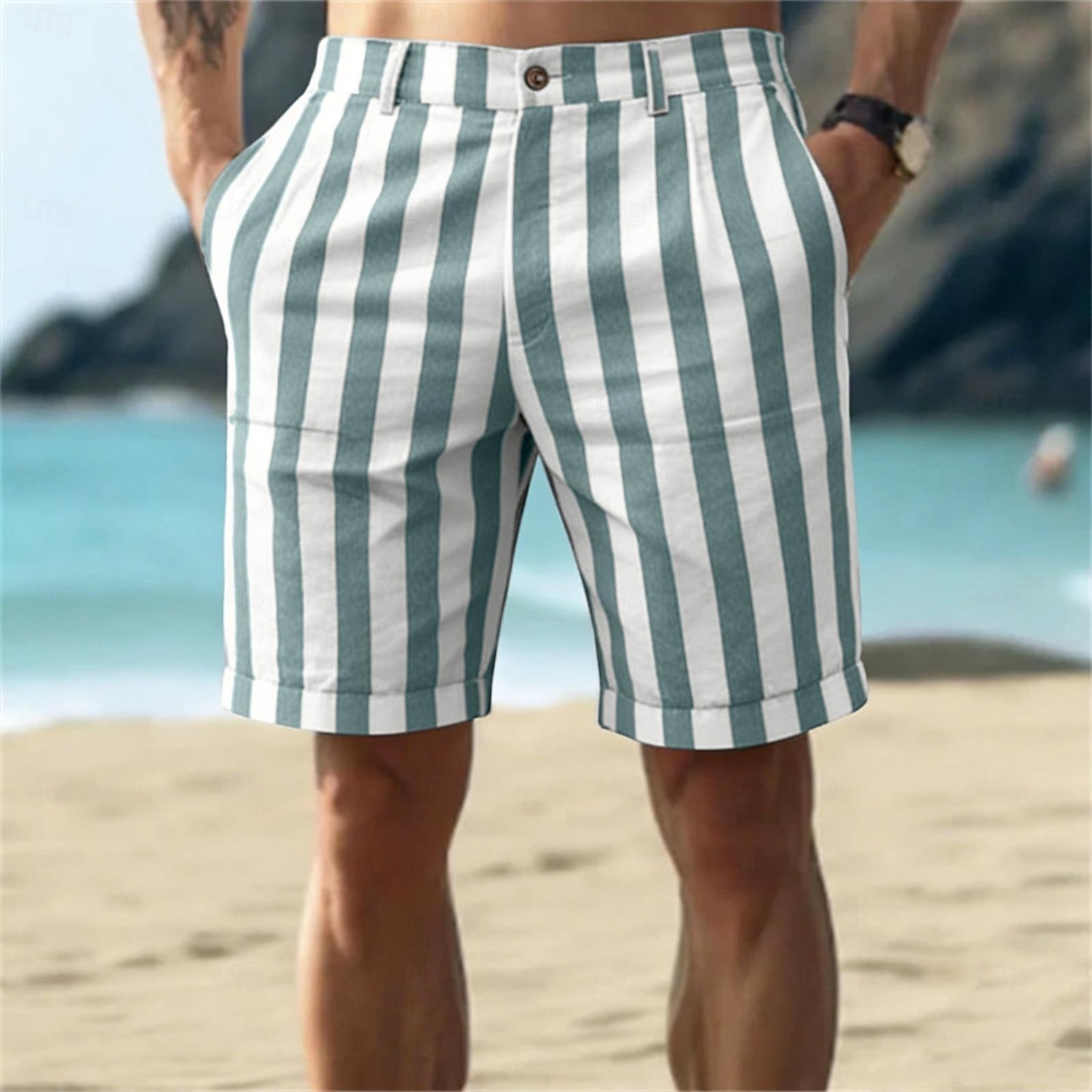 Homens Calção Shorts de linho Shorts de verão Shorts de praia Bolsos Cintura elástica Listrado Conforto Respirável Comprimento do joelho Ao ar livre Praia Feriado Férias Azul Rosa Sem Elasticidade de 2026 por $24.99 –P1