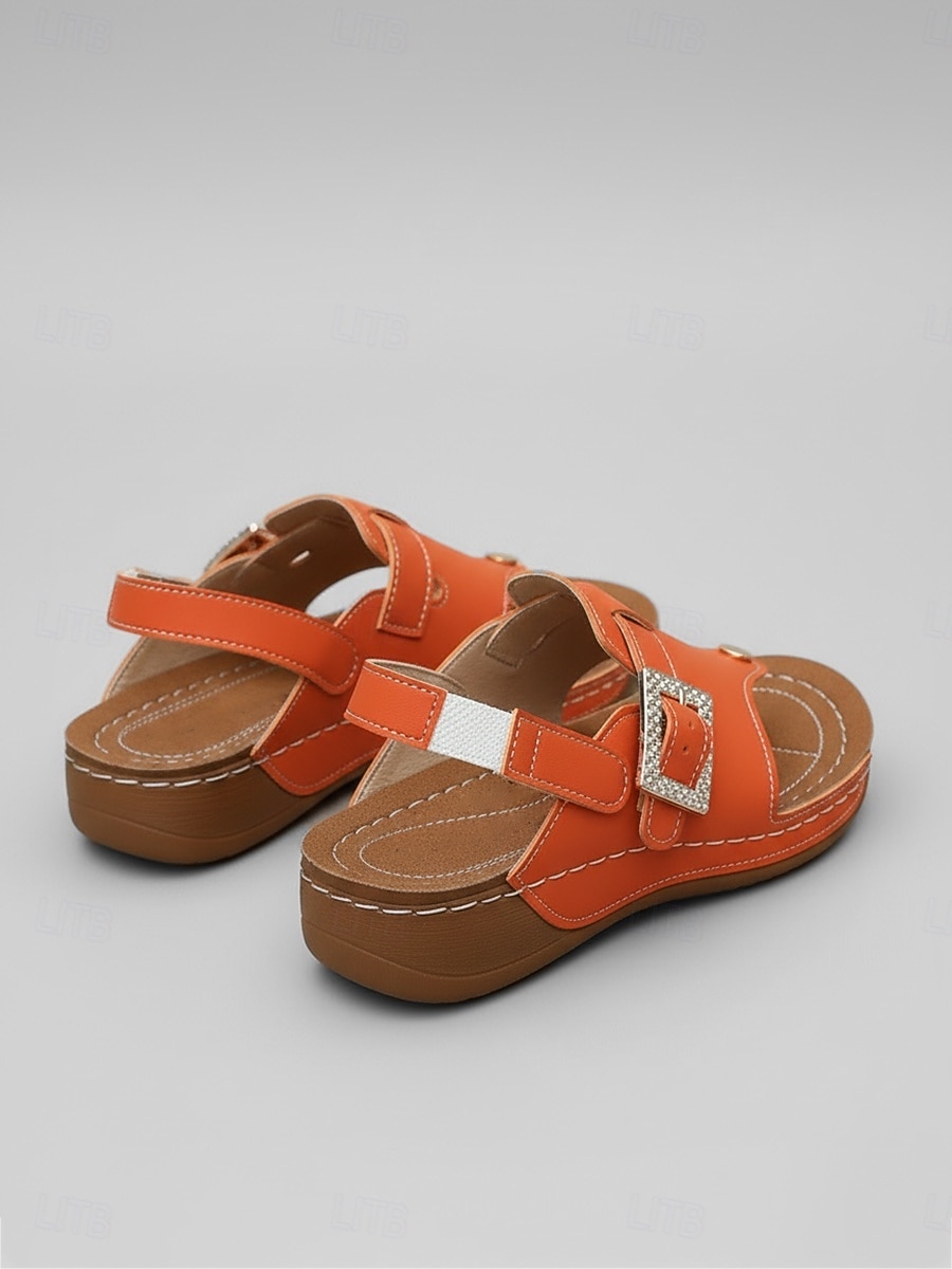 Sandalias de cuña para mujer con hebilla de pedrería naranja, sandalias de verano con tira ajustable, calzado casual cómodo de punta abierta para uso diario y viajes. &paseo por el jardín 2026 - $26.99 –P4