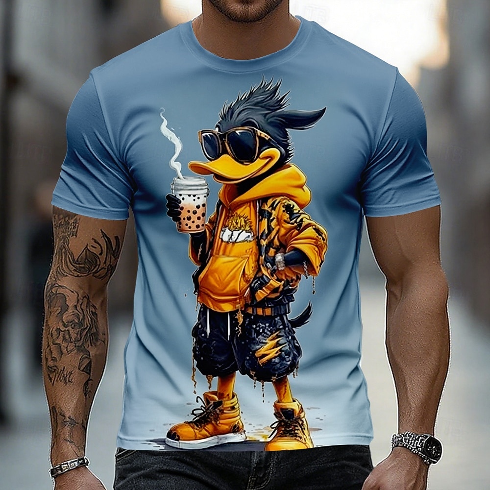 Camiseta gráfica urbana de manga corta con cuello redondo y estampado de pato negro para hombre con gafas de sol, bebiendo té boba. Regalo de cumpleaños divertido para amantes del boba. Ropa de 2026 - $18.99 –P2