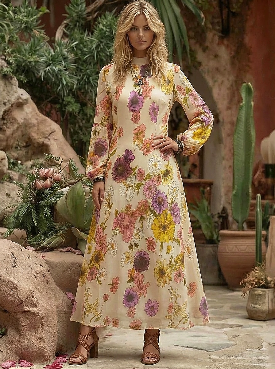 Dame Maxikjole Chiffonkjoler Floral kjole Print kjole Elegant Mote Moderne utendørs Feriereise Ut på byen Normal Blomstret Langermet Høyhalset Lilla Sommer Vår 2026 - $41.99 –P1