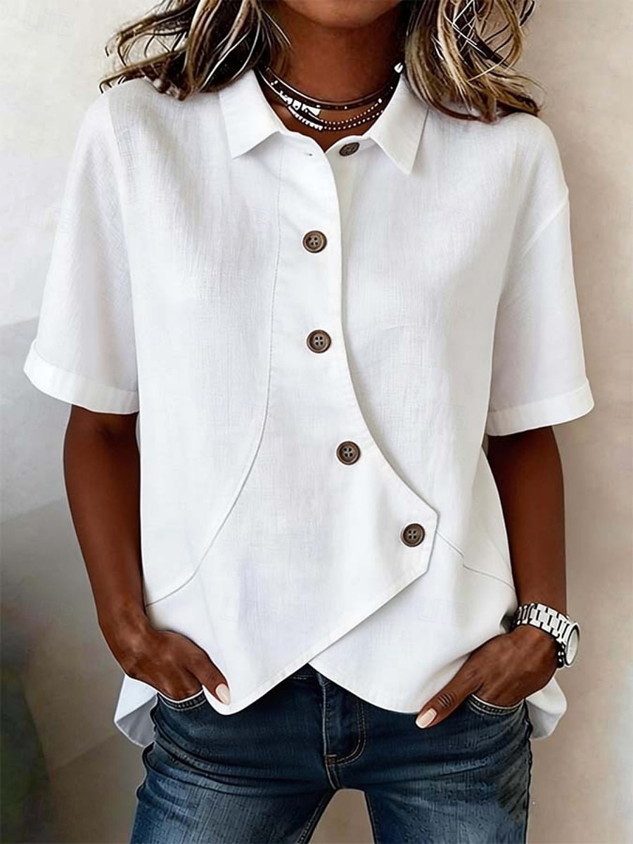 Per donna Blusa Finto cotone e lino Bottoni Tinta unica Essenziale Casual Manica Corta Colletto a Camicia Top Regolari Quotidiano Blu Bianco Albicocca Estate Primavera del 2026 a $11.99 –P4