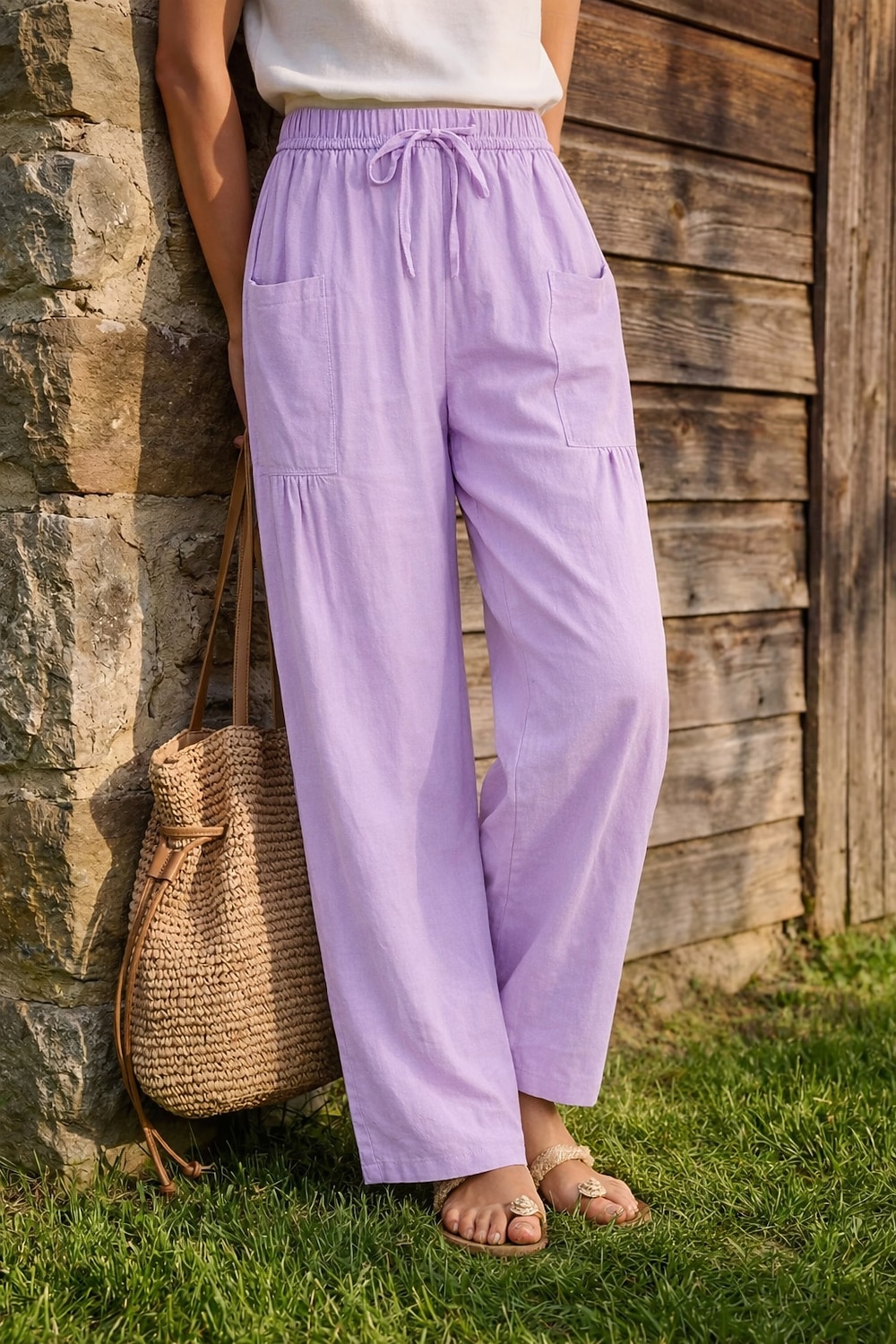 Жен. Широкие Льняные брюки Штаны Чино Отпуск Мода Классический Полная длина Нормальная Полотняное плетение Кулиска Плиссировка Карман Комфорт Легкость Дышащий Неэластичная 2026 - $19.99 –P4