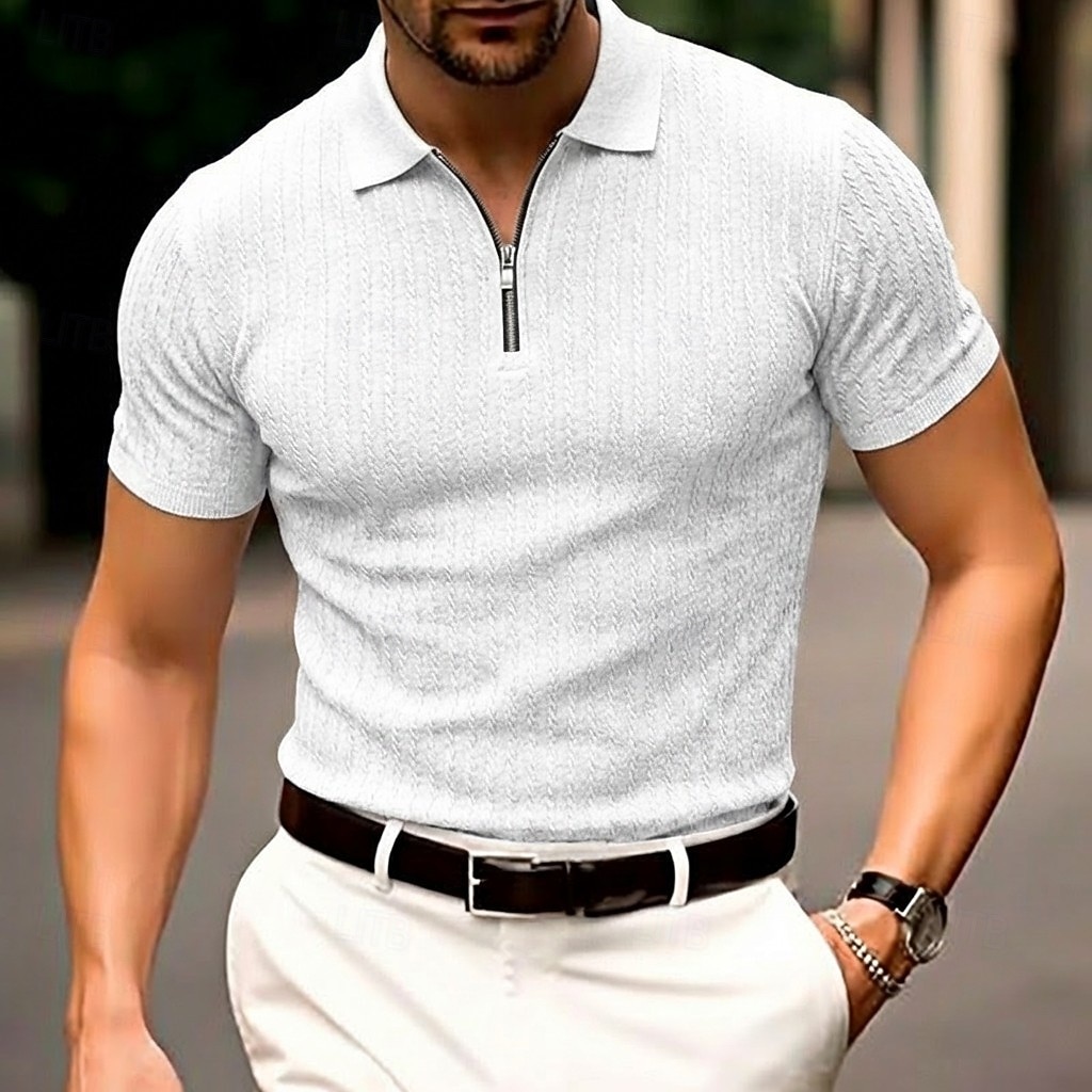 Voor heren Polo met rits Met Textuur Casual Feestdagen Revers Kwart ritssluiting Korte mouw Modieus Basic Effen Jacquard Kwart ritssluiting Zomer Lente Getailleerd Zwart Wit Bordeaux khaki Leger 2026 - $22.99 –P4