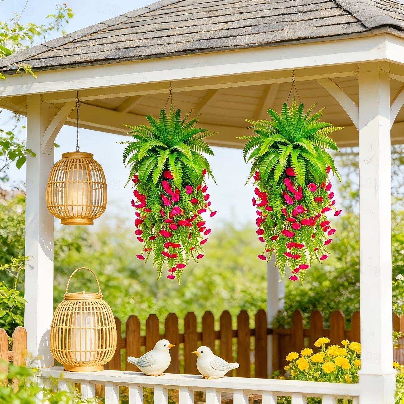 Juego de 3 helechos artificiales verdes con borlas rojas, plantas colgantes para armar tú mismo, ramos de helechos colgantes biónicos realistas, ideales para la decoración del hogar, el porche y el 2026 - $19.99 –P7