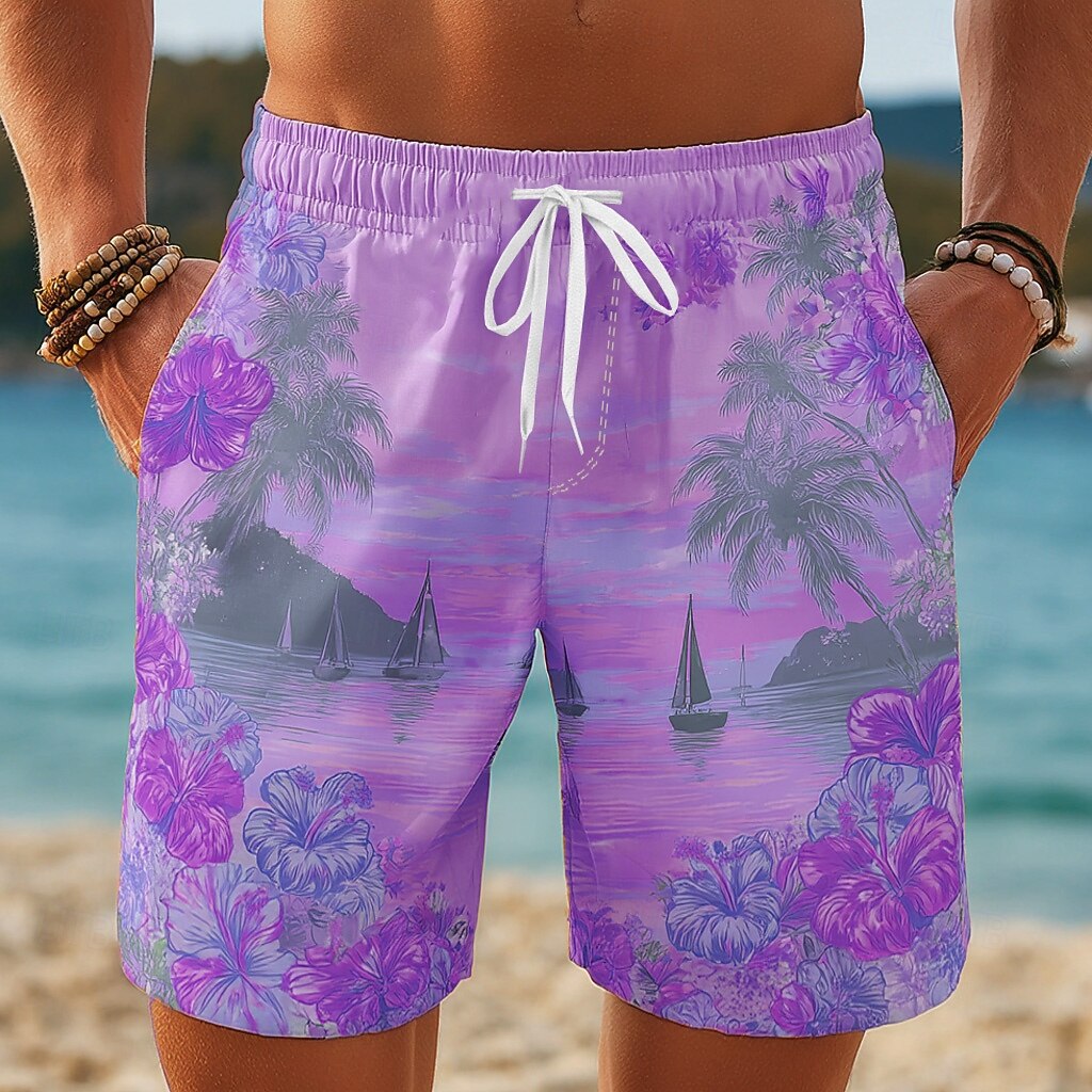Hombre Árbol de coco Flores tropicales Velero Boxers de Natación Trajes de baño, bañadores cortos Pantalones de Surf Media cintura Hawaiano vacaciones en la playa Bolsillos laterales Forro de malla 2026 - $20.99 –P3