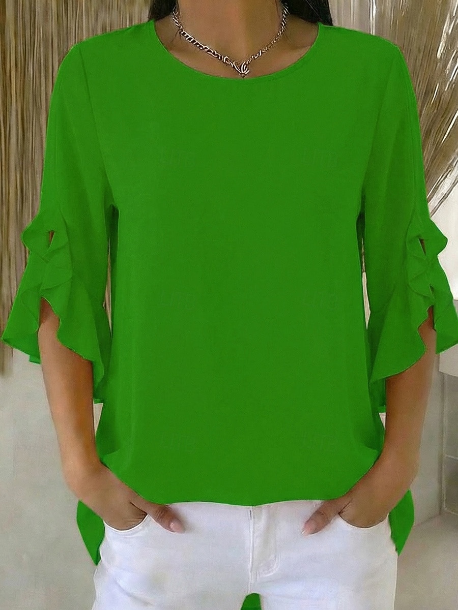 Dam Blus Chiffong toppar Volang Asymmetrisk nederkant Slät Modern Ledigt 3/4 ärm Rund hals Vanliga toppar Utomhus Streetwear Helgdag Svart Rubinrött Orange Grön Sommar Vår 2026 - $29.99 –P3