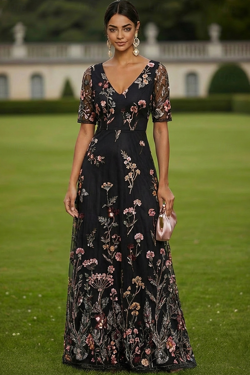 A-lijn Jurken Tot de grond Maxi-jurk Feestjurk Cocktail jurk Moeder van de bruid jurk Korte mouw V-hals Elegant Vintage Luxueus Formeel Bruiloft gast Kentucky Derby Chiffon Tule met Bloemenprint 2026 - $182.99 –P2