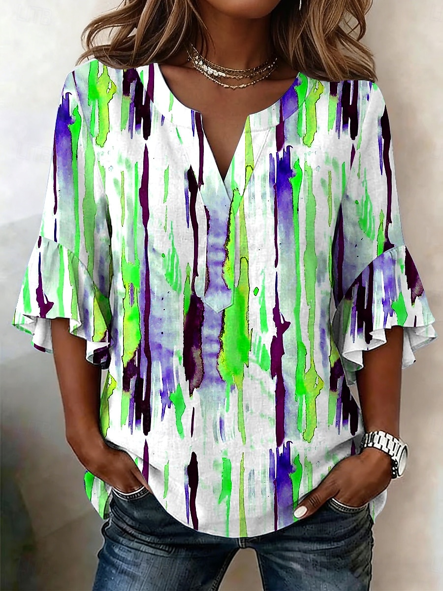 Women's Blouse Ruffle Print Graphic Geometric Vacation Daily Retro Vintage 3/4 Length Sleeve V Neck Regular Tops Casual Daily Holiday Blue Purple Orange Green Summer Spring 2026 - $26.99 –P2