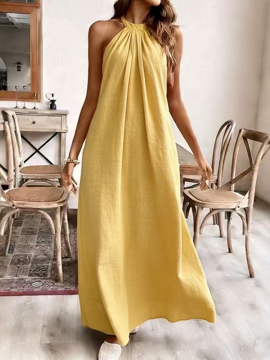 Women's Maxi Faux Cotton Linen Dress Shift Dress Summer Dress Casual Daily Loose Fit Plain Sleeveless Halter Neck Black White Yellow Purple Summer Spring 2026 - $28.99 –P4