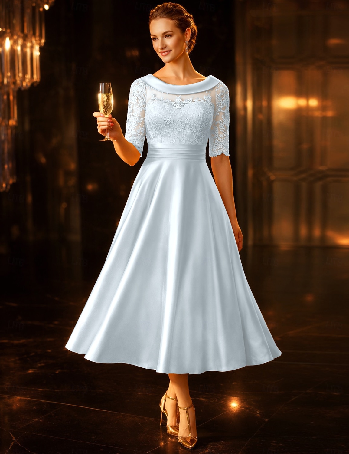 A-الخط طول الساق فستان الحفلة فستان كوكتيل فستان زفاف ضيف فستان أم العروس نصف كم رقبة سكوب أنيق عتيق ضيف حفل زفاف ساتان دانتيل مع روش زينة 2026 - $109.99 –P6