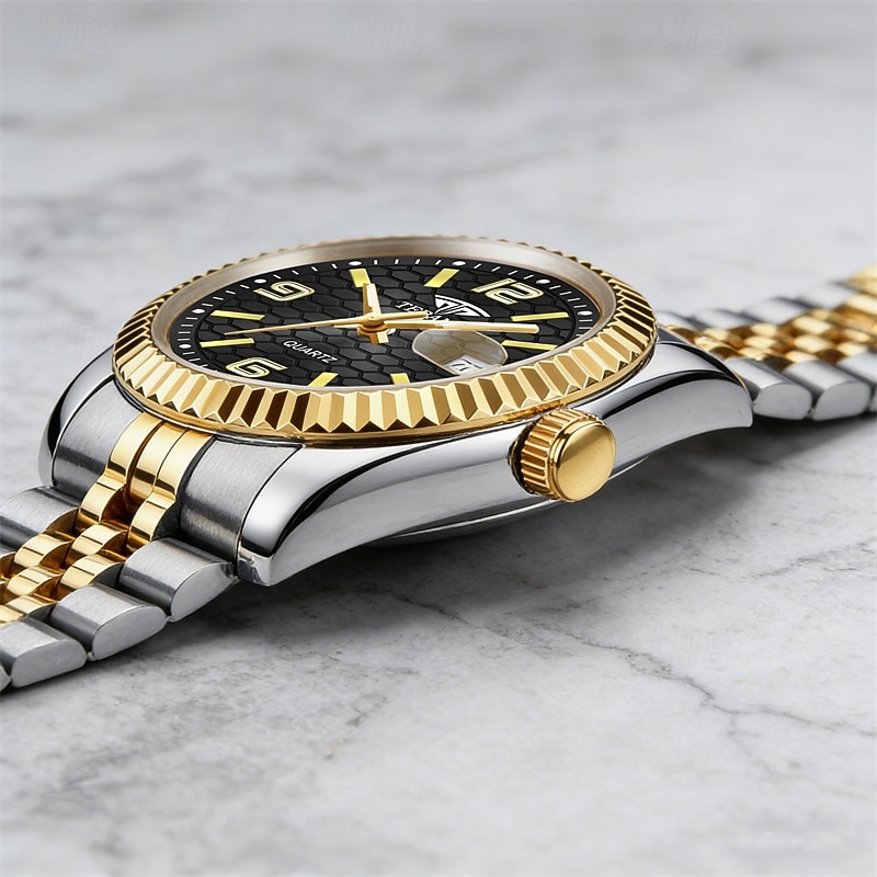 Montre homme de luxe, cadran noir nid d'abeille, mouvement quartz bicolore or et argent en acier inoxydable, lunette cannelée, montre habillée avec date, bijou élégant à offrir. de 2026 ? $21.99 –P5