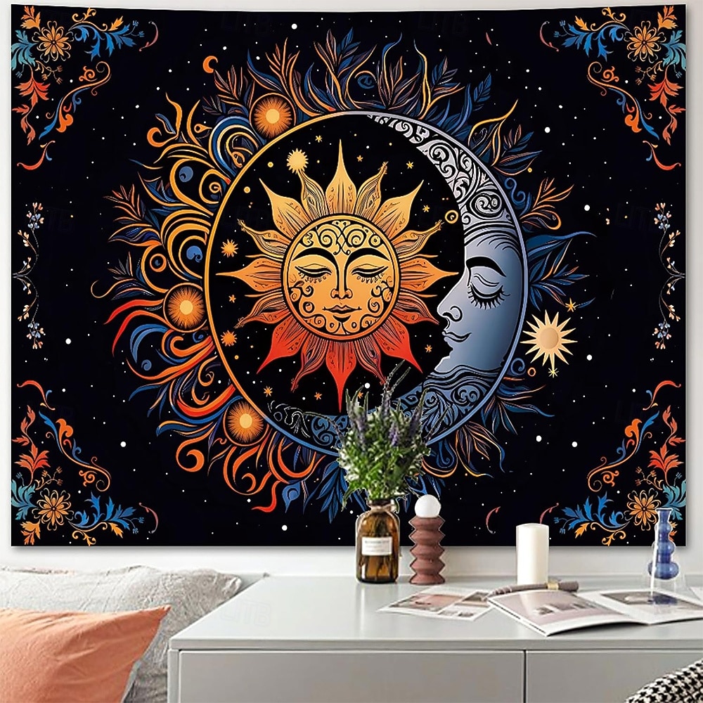 Boho mandala wandtapijt met halve maan, sterrenhemel en bloemen, wanddecoratie in verbrand oranje, hippie-psychedelische stijl, grote stoffen poster voor slaapkamer, studentenkamer, woonkamer, yoga en 2026 - $20.99 –P3