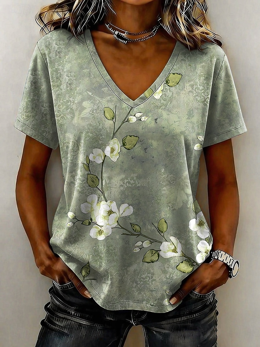 Per donna Maglietta Stampato Floreale Grafico Elegante Classico Casual Manica Corta Scollo a V Top Regolari Casuale Quotidiano Blu Rosa Viola Verde Estate Primavera del 2026 a $22.99 –P1