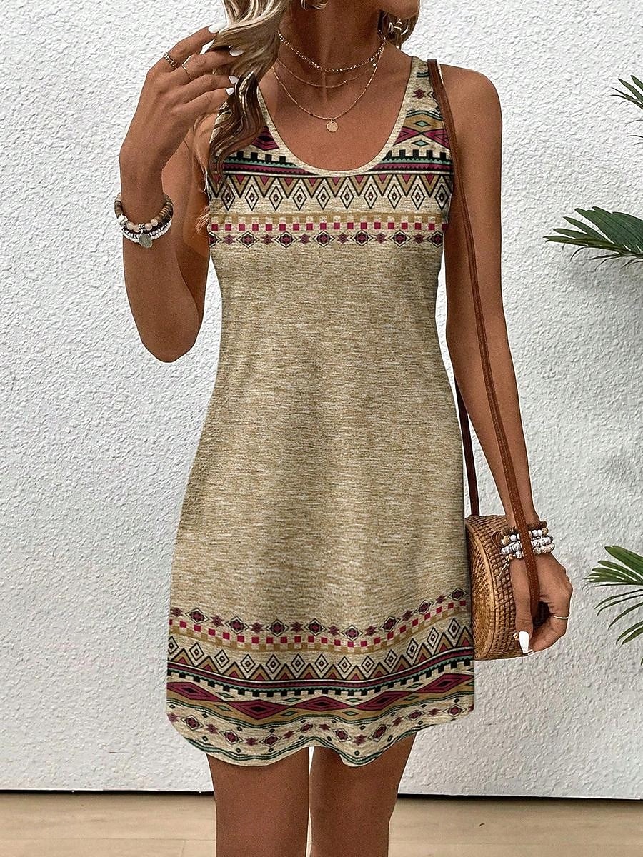 Per donna Mini abito Abito a trapezio Vacanza Casual Spiaggia Ferie Vestibilità aderente Grafico Geometrico Senza Maniche Collo a U Marrone Cachi Estate Primavera del 2026 a $24.99 –P2