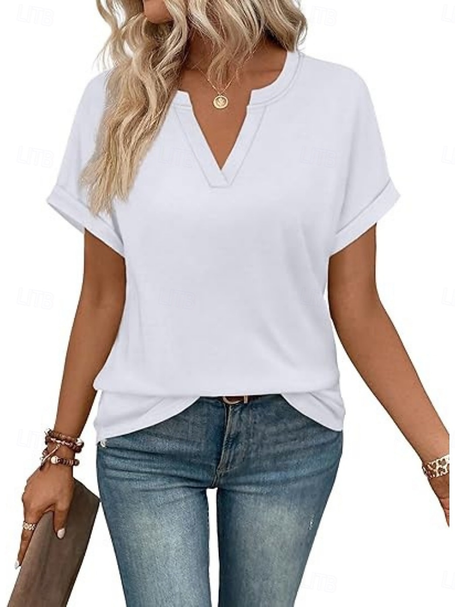 Femmes T-shirt Uni Mode Élégant Classique Manche Courte Col en V Hauts Réguliers Quotidien Sortir Week-end Bleu Noir Blanche Rose Claire Rouge Été Printemps de 2026 ? $19.99 –P10