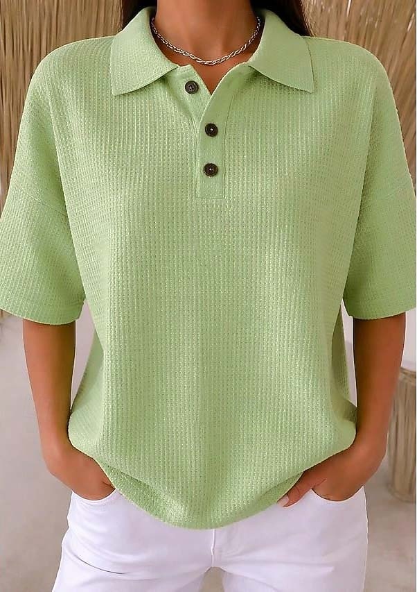 Dame Vaffelskjorte Sommertopper Knapper Helfarge Årgang Stilfull Ermeløs Polokrage Lange topper Daglig utendørs Ferie Gul Lysegrønn Rosa Sommer Vår Høst 2026 - $26.99 –P7