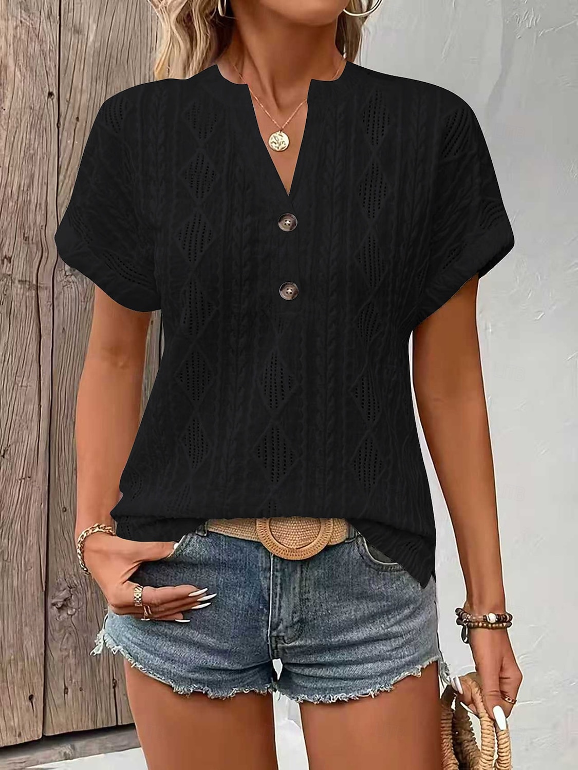 Per donna Blusa Testurizzato Tinta unica Vintage Elegante Essenziale Manica Corta Scollo a V Top Regolari Quotidiano Blu Nero Bianco Rosa Rosso Estate Primavera del 2026 a $28.99 –P7