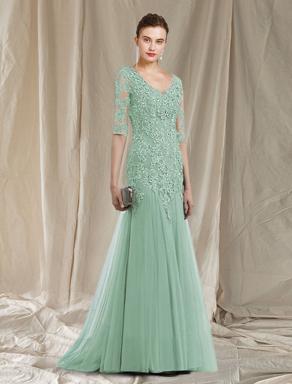 A-Linie Bodenlange Schleppe Kleid für Hochzeitsgäste Abendkleid Brautmutterkleid Halbarm V Ausschnitt Elegant Hochzeitsfeier Spitze Tüll nein mit Rüschen Applikationen 2026 - $206.99 –P4