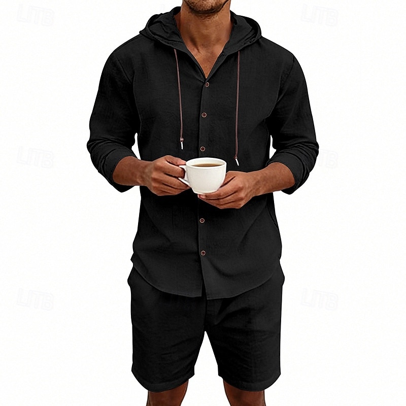 Ανδρικά Πουκάμισο λινό 2 Κομμάτια Σετ πουκαμίσου Και Σορτσάκια Σορτς από λινό Σορτς παραλίας Σειρά Σκέτο Καθημερινά ΕΞΩΤΕΡΙΚΟΥ ΧΩΡΟΥ Διακοπές Με Κουκούλα Μακρυμάνικο Καλοκαίρι Άνοιξη 2026 - $36.99 –P12