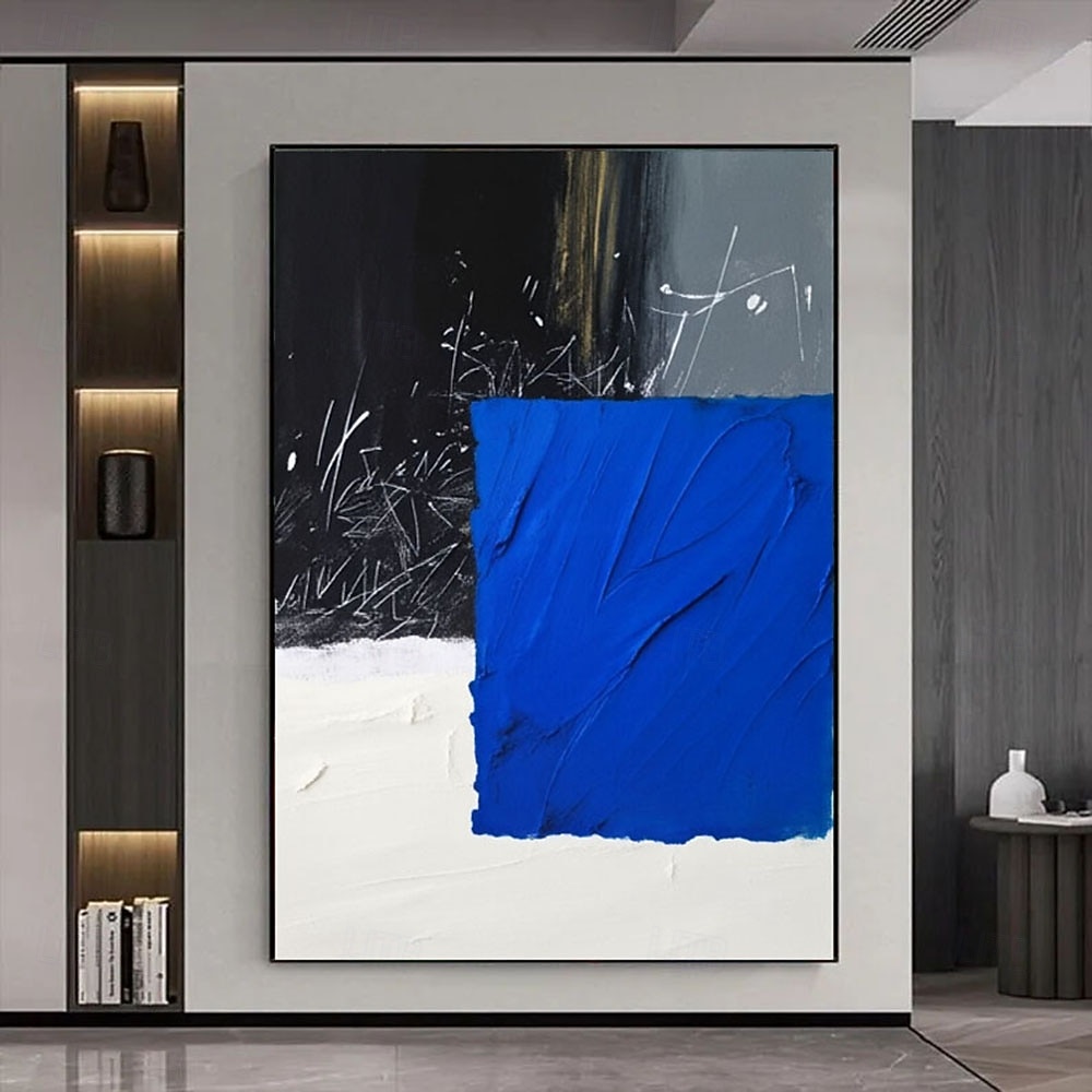 2026年 大きな抽象画 手描きの壁アート 青いテクスチャ絵画 青い抽象的