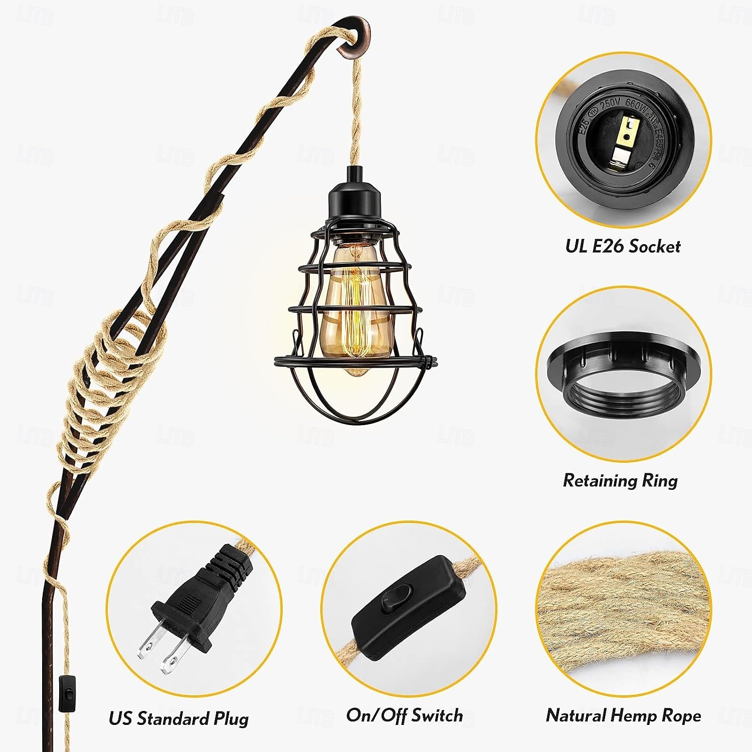 15ft 1-lichts stekker, 23ft 3-lichts stekker, hanglampen met stekker, hanglampenset van henneptouw met tweewegschakelaar, hanglampensets in boerderijstijl, doe-het-zelf hanglampen 2026 - $54.99 –P4