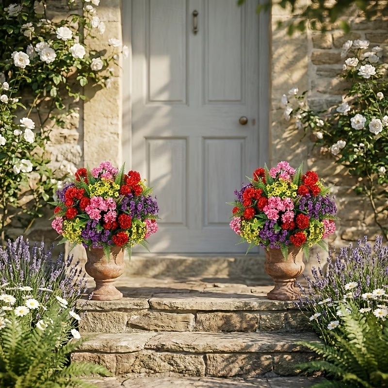 5 bossen luxe kunstgeraniums, kleurechte UV-beschermde kunstbloemen met groen, onderhoudsarme sierplanten voor thuis, terras, veranda, vensterbank, hangmand, bruiloft 2026 - $19.99 –P8