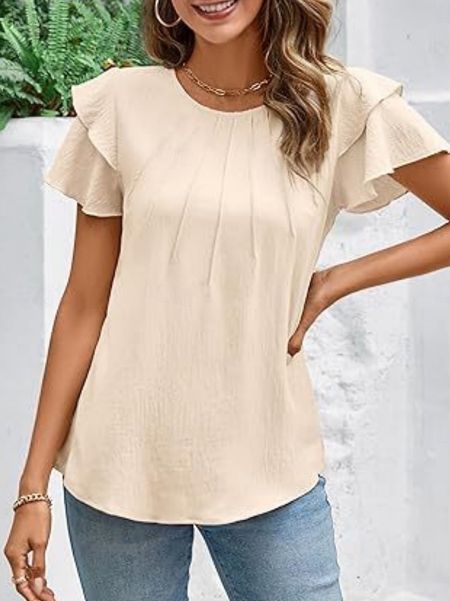 Dames T-shirt Met ruches Effen Elegant Modieus Stijlvol Korte mouw Strakke ronde hals Normale tops Dagelijks Uitgaan Weekend Zwart Wit Marineblauw Groen Abrikoos Zomer Lente 2026 - $21.99 –P9