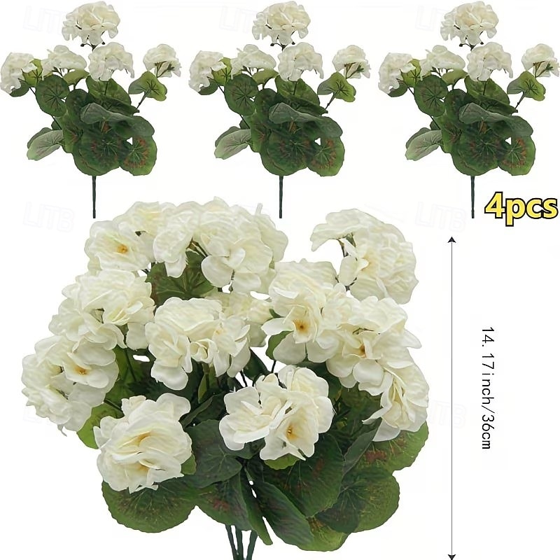 Flori artificiale de geranium alb rezistent la UV cu 4 ramuri, 4 geraniumuri înflorite, potrivite pentru decorațiuni interioare și exterioare, grădini, nunți, Ziua Recunoștinței, Crăciun și sezonul 2026 - $18.99 –P1