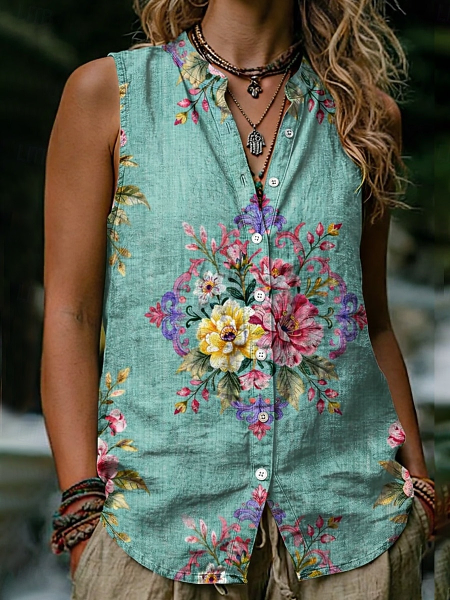 Mujer Camisa Botones Estampado Floral Graphic Vintage Elegante Moderno Sin Mangas Escote Chino Tops regulares Casual Diario Azul Piscina Verde Trébol Verano Primavera 2026 - $26.99 –P1