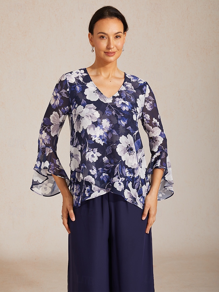 Dames Boho-shirt Blouse Ruche Bloemig Grafisch Paisley Vintage Stijlvol Casual 3/4 mouw V-hals Normale tops Dagelijks Werk Bruiloft gast Marineblauw Zomer Lente Herfst 2026 - BHD 25.99 –P1