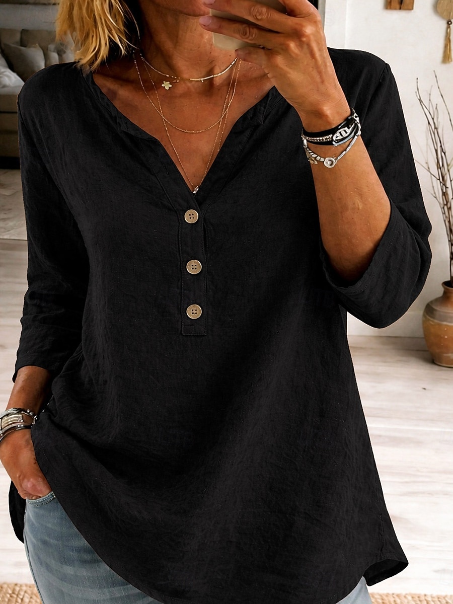 Mujer Blusa Encaje Botones Color sólido Elegante Casual Manga 3/4 Escote en Pico Tops regulares Diario Azul Piscina Negro Blanco Rosa Naranja Primavera Otoño 2026 - $27.99 –P8
