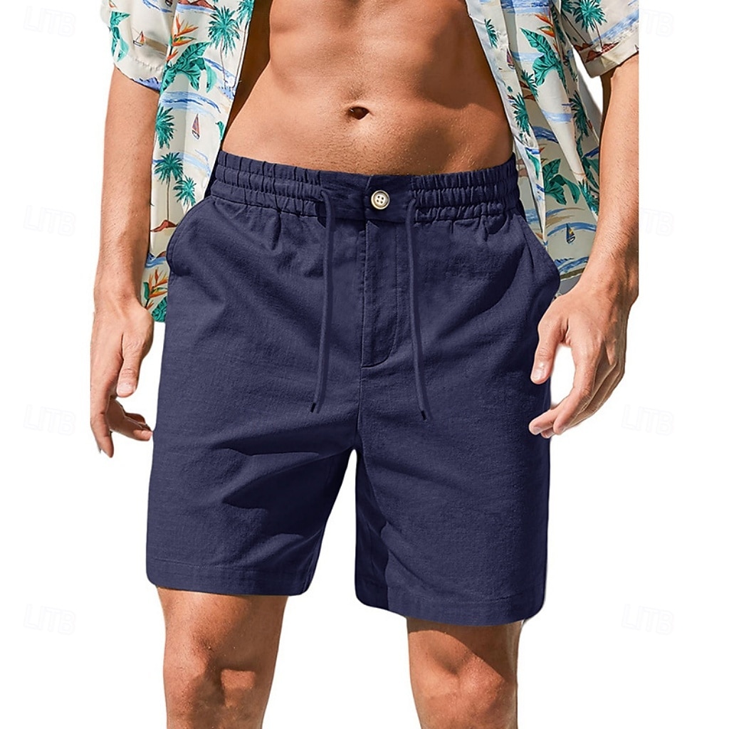 Men's Shorts Linen Shorts Summer Shorts Beach Shorts Drawstring Elastic Waist Plain Comfort Breathable Short Daily Outdoor Beach Vacation Fashion Blue Black Inelastic 2026 - $29.99 –P19