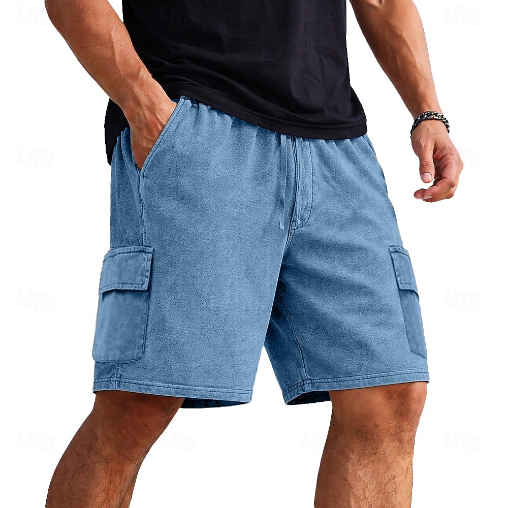 Shorts cargo pour homme SoftFade™ Shorts 100 % coton Shorts délavés avec poches Taille élastique Unie Lavée Confortable Respirant Longueur genoux Décontracté Extérieur Plage Vacances Mode Noir Marine de 2026 ? $31.99 –P6